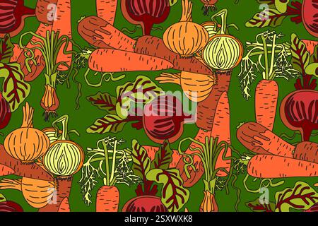Motif abstrait botanique sans couture avec illustration vectorielle de légumes juteux. Carottes colorées, oignons, betteraves répétant le motif de dessin animé dans le colo vert Illustration de Vecteur