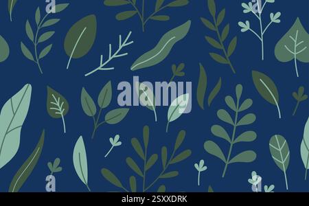 Motif sans couture Fresh Herbs concept. Jolies herbes dessinées à la main, feuilles, branches. Herbes de dessin animé vectoriel sur fond bleu foncé. Herbes printanières, feuilles. Illustration de Vecteur