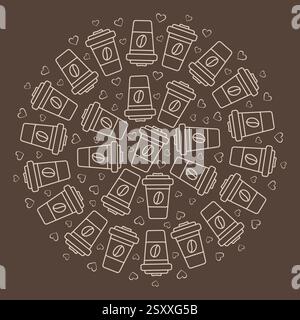 Tasses jetables grain de café sur l'étiquette et les coeurs cadre circulaire bordure lumière sur café brun jour fond. Illustration vectorielle isolée cartes thématiques ou affichage de promo Web, blog, dépliant, bannière, étiquette Illustration de Vecteur