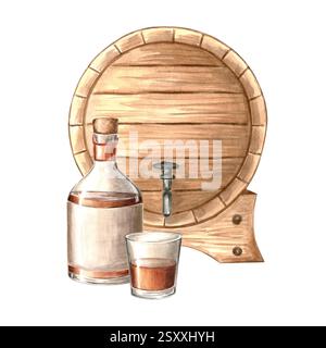 Bouteille et verre avec rhum et tonneau en bois. Fût de vin, fût de chêne de whisky ou de bière. Illustration d'aquarelle dessinée à la main isolée. Composition de Banque D'Images
