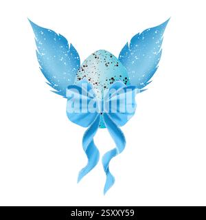 Oeuf bleu coloré avec des ailes et un bel arc bleu. Illustration numérique aquarelle Banque D'Images