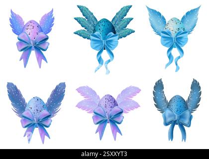 Ensemble d'oeufs colorés avec des ailes et des noeuds. Illustration numérique aquarelle Banque D'Images