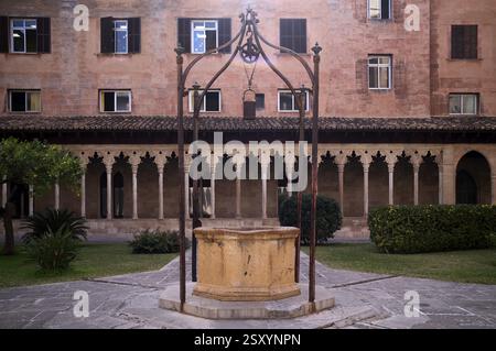 Fontaine, cloître gothique, Basilique du Monastère de Sant Francesc, San Francisco, Palma de Majorque, Majorque, Îles Baléares, îles Baléares, S. Banque D'Images