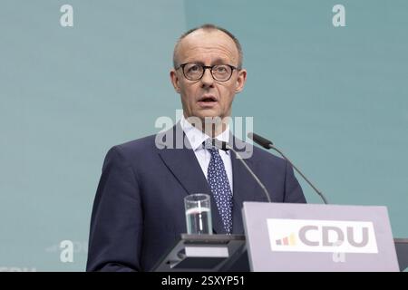 Friedrich Merz (candidat CDU à la chancelière, président fédéral de la CDU et président du groupe parlementaire CDU/CSU) donne une conférence de presse du Banque D'Images