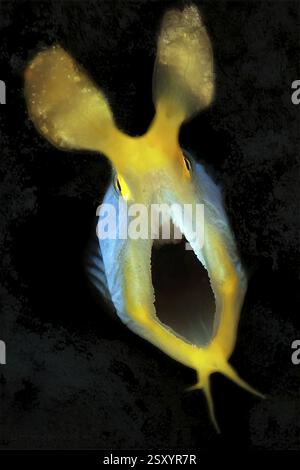 Photo sous-marine gros plan de la tête d'une femelle moraie (Rhinomuraena quaesita) L'anguille moraie fantôme ouvre la bouche comme dans la peinture le cri, coupée contre b Banque D'Images