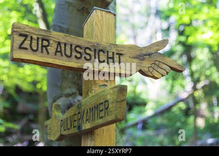 Panneau de randonnée en bois indique le chemin de la vue ou du magasin de poudre, à la Zschirnstein, Reinhardtsdorf-Schoena, Suisse saxonne, Saxe, Germa Banque D'Images