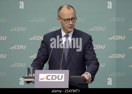 Friedrich Merz (candidat CDU à la chancelière, président fédéral de la CDU et président du groupe parlementaire CDU/CSU) donne une conférence de presse du Banque D'Images