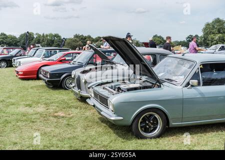 Tarporley, Cheshire, Angleterre, 28 juillet 2024. Une rangée de voitures est affichée lors d'une rencontre de voitures classiques. Banque D'Images