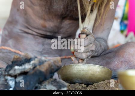 sadhu naga spirituel tenant la pipe de marijuana à la main pendant le festival de mahakumbh Banque D'Images