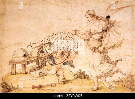 Dürer, Albrecht (né en 1471, Nürnberg, décédé en 1528, Nürnberg) Cupidon le voleur de miel 1514 plume et encre et aquarelle sur papier, 22 x 31 cm Kunsthistorisches Museum, Vienne cette délicieuse aquarelle raconte l'histoire de Cupidon, le Dieu de l'amour, qui a couru vers sa mère Vénus, essayant vainement d'échapper à un essaim d'abeilles dont il avait volé le nid d'abeilles. Dans sa précipitation pour s'échapper, Cupidon a laissé tomber ses flèches. Selon la fable racontée par le poète grec Théocrite, dans ses idylles, Vénus rit et dit : «N'êtes-vous pas juste comme l'abeille - si peu capable encore d'infliger des blessures aussi douloureuses?» Cupidon le voleur de miel était Banque D'Images