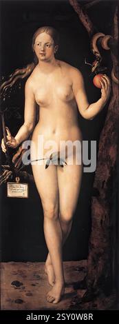 Dürer, Albrecht (né en 1471, Nürnberg, d. en 1528, Nürnberg) Eve 1507 huile sur panneau de pin, 209 x 81 cm Museo del Prado, Madrid comme la représentation d'Adam (également dans le Prado, Madrid), celle d'Eve devrait également être considérée dans le contexte des études relatives aux proportions idéales du corps humain que Dürer avait faites depuis son premier voyage italien en 1496. Les valeurs plastiques de la peinture sont atténuées par rapport à celles de la gravure sur cuivre et les détails intérieurs sont plus doux. Eve regarde Adam de manière séduisante. Dans sa main gauche, elle reçoit la pomme du Ser Banque D'Images