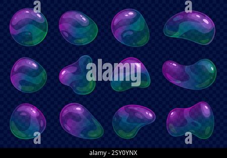 Bulles de savon de dessin animé. Différentes formes déformées, boules volantes, objets brillants transparents avec perte, éléments isolés colorés gonflables, eff irisé Illustration de Vecteur