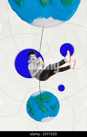 Croquis image tendance illustration montage photo 3D collage de destination week-end voyage global agence de voyage jeune homme main tenir main corde main globe Banque D'Images