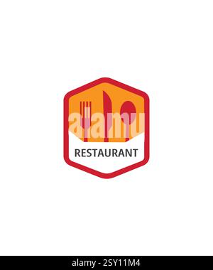 logo de restaurant emblématique avec fourchette, cuillère et couteau, logo de restaurant rouge emblématique Illustration de Vecteur
