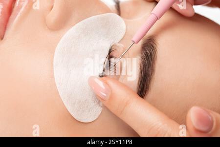 Maquilleur fait la procédure de laminage et de teinture des cils à une belle femme dans un salon de beauté. Extensions de cils. Cils close-u Banque D'Images