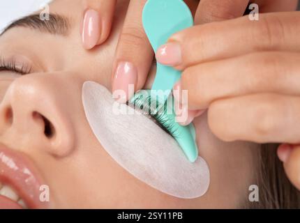 Maquilleur fait la procédure de laminage et de teinture des cils à une belle femme dans un salon de beauté. Extensions de cils. Lifting des cils Banque D'Images