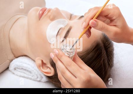 Maquilleur fait la procédure de laminage et de teinture des cils à une belle femme dans un salon de beauté. Extensions de cils. Lifting des cils Banque D'Images