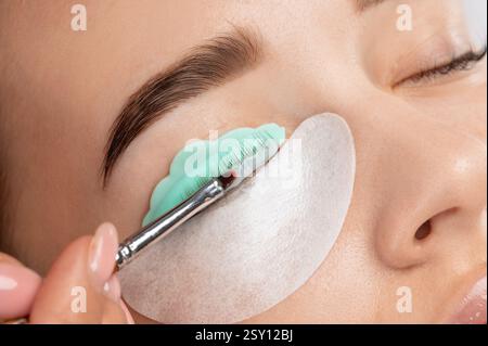 Maquilleur fait la procédure de laminage et de teinture des cils à une belle femme dans un salon de beauté. Extensions de cils. Lifting des cils Banque D'Images