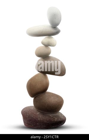 Balance représentée sous forme de pierres empilées sur fond blanc Banque D'Images