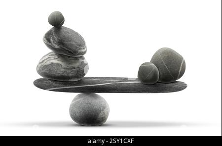 Balance représentée sous forme de pierres empilées sur fond blanc. Écailles faites avec des cailloux Banque D'Images