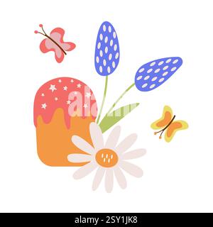 Joyeuses Pâques vecteur clipart avec gâteau, fleurs et papillons. Une composition festive pour la conception de cartes postales, estampes, bannières. Illustration de Vecteur