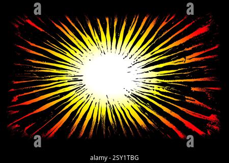 Image d'arrière-plan peinte à la main avec des traits grossiers en forme d'étoile élargissant du blanc au jaune en passant par des traits rouges sur un fond noir. Banque D'Images