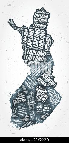 Nuages de mots pour les régions de Finlande. Forme de pays sur fond texturé. Finlande design dans un style typographique. Illustration vectorielle élégante. Illustration de Vecteur