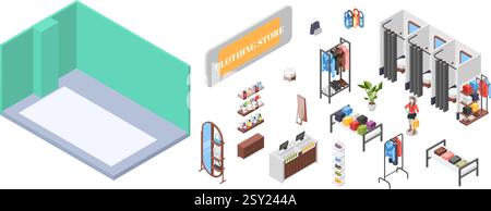 Emplacement et éléments du magasin de vêtements. Meubles isométriques pour boutique, cabine d'essayage, caissier, étagères pour vêtements et chaussures. Intérieur industriel Illustration de Vecteur