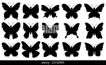 Ensemble de papillons noirs isolés sur fond blanc, collection de silhouettes. Couleur noire papillon, forme volante, ensemble clip art. Abstrait moderne m Illustration de Vecteur