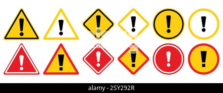 Mise en place de panneaux d'avertissement attention. Panneaux d'arrêt jaunes et rouges simples avec signe d'exclamation. Symbole d'avertissement ou collection d'icônes. Illustration de Vecteur