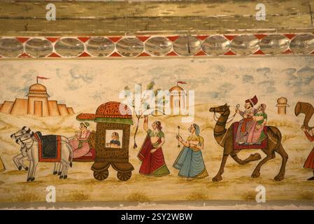 Peinture murale de procession sur plafond de patwa haveli, Jaisalmer, Rajasthan, Inde, Asie Banque D'Images