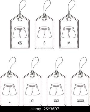 Pantalons courts noirs et blancs tailles étiquettes isolées sur fond blanc Illustration de Vecteur