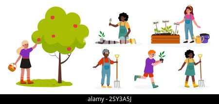 Les enfants participent à des activités de jardinage pour en apprendre davantage sur les plantes et la nature Illustration de Vecteur