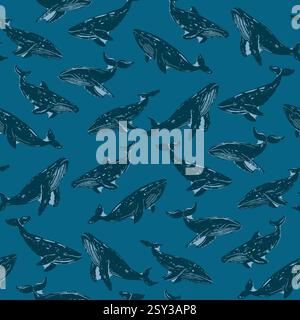 Baleines à bosse bleues vintage sur motif océan bleu sarcelle profond. Baleines à bosse dessinées à la main dans des tons de bleu sur un fond bleu sarcelle profond, vintage marine-inspir Illustration de Vecteur