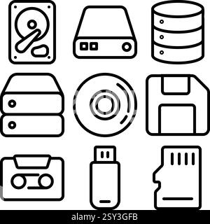 Collection de divers périphériques de stockage de données et icônes de médias représentant la technologie de l'information numérique Illustration de Vecteur