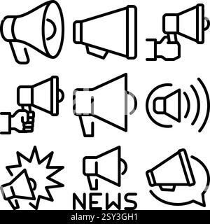 Jeu d'icônes de mégaphone de haut-parleur contenant campagne, publicité, médias sociaux, promotion, communication, marketing, publicité, annonce. Illustration de Vecteur