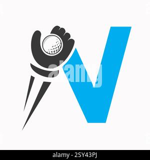 Logo de golf initial sur la lettre N concept avec vecteur et modèle de symbole de balle de golf et de main Illustration de Vecteur