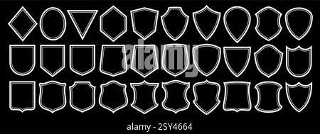 Ensemble d'icônes de bouclier de vecteur, collection de 30 illustrations divers boucliers anciens pour panneau de signe rétro ou certificat, groupe de différentes dispositions de bouclier avec Illustration de Vecteur