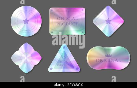 Autocollants de qualité hologramme isolés sur fond. Illustration réaliste vectorielle d'étiquettes rondes, carrées, triangulaires, en forme de losange avec effet dégradé holographique, signe de certificat de produit original Illustration de Vecteur