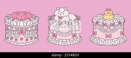 Gâteaux décorés de style vintage avec de jolis noeuds, des roses et des bordures de passepoil. Fraise rose, élégant dessert à la vanille avec mouton et topper de poulet. Illustration vectorielle Kawaii doodle dans des couleurs pastel. Illustration de Vecteur