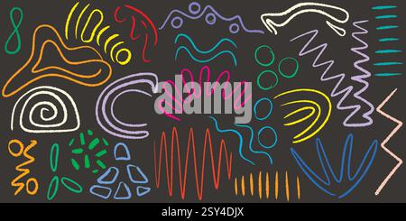Ensemble de formes abstraites grunge colorées ludiques. Lignes ondulées, zigzag, signe de l'infini, cercle, tourbillon, ligne en style grunge doodle. Géométritri dessiné à la main brillant Illustration de Vecteur