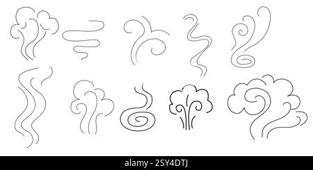 Icônes des lignes de vapeur et de fumée réglées. Air vent et collection linéaire de parfum, vagues de chaleur ou arôme de cuisson des aliments et du café chaud, gaz et fumées. Vapeur Illustration de Vecteur