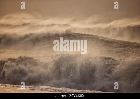 Vue panoramique des grosses vagues dangereuses à Reynisfjara Beach près de Vik sur l'Islande au coucher du soleil - Travel image Banque D'Images