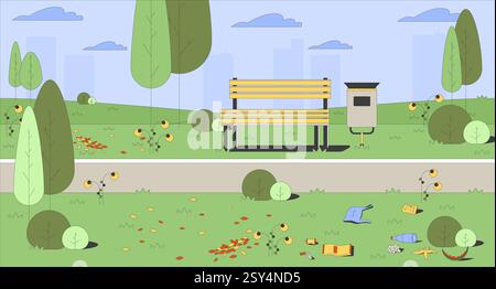 Scène de parc vide avec banc en bois, poubelle et fond d'illustration plat de litière dispersée Illustration de Vecteur