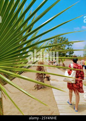 Les gens marchant le long de la passerelle en bois vers la plage. Banque D'Images