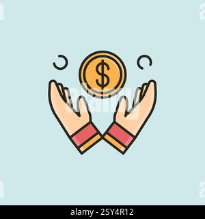 Illustration vectorielle de mains ouvertes autour d'une pièce flottante en dollar ($), représentant la sécurité financière, l'épargne, la protection des investissements et la gestion de l'argent Illustration de Vecteur