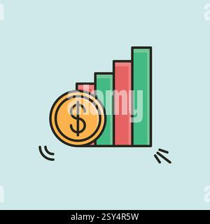 Illustration vectorielle d'un graphique à barres montantes avec des barres vertes et rouges et une pièce de monnaie en dollar d'or, représentant la croissance de l'entreprise Illustration de Vecteur