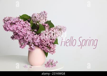 Bonjour Spring. Belles fleurs de lilas dans un vase sur une table blanche sur fond clair Banque D'Images