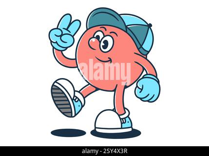 personnage de mascotte de tête de boule de marche portant un chapeau avec des mains formant un symbole de paix en rouge avec fond blanc Illustration de Vecteur