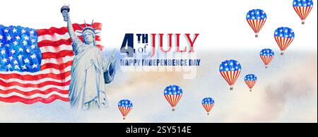 Creative invitation Flyer, Aquarelle peintures illustration de Statue Liberty, drapeau américain de montgolfière pour le 4 juillet. Joyeux jour de l'indépendance Banque D'Images